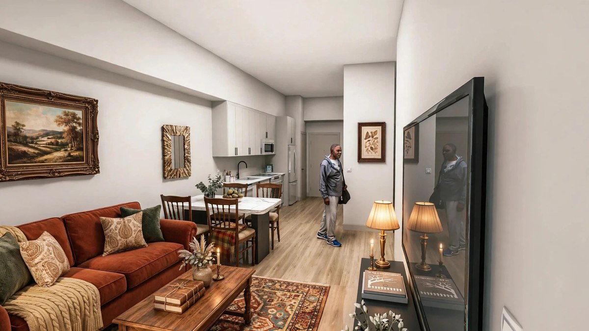 Style visualization: the same living room in a warm, cozy evening style