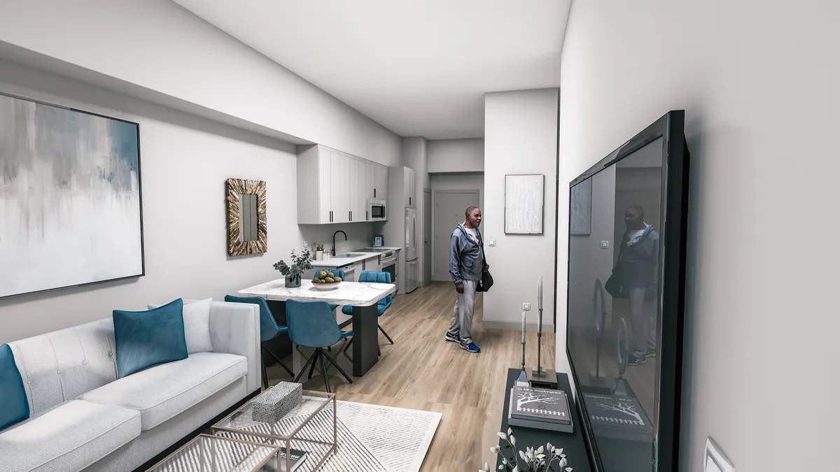 Concept rendering of the living room in a bright, modern style